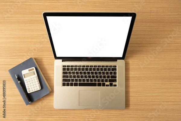 Fototapeta laptop computer with blank white desktop screen on the desk with clipping paths. top view,above view.