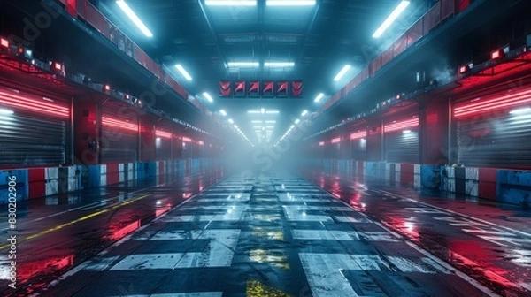 Fototapeta Futuristic pit stop with red and blue neon lights, fog atmosphere and water reflections on the sparkling floor