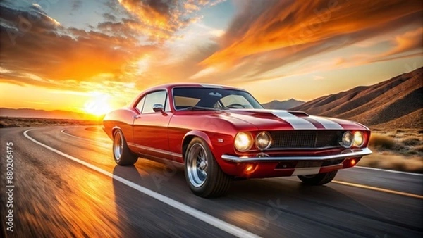 Fototapeta Retro-style, high-performance, red muscle car with racing stripes and flames blazing along the sides, speeding down a deserted road alone.