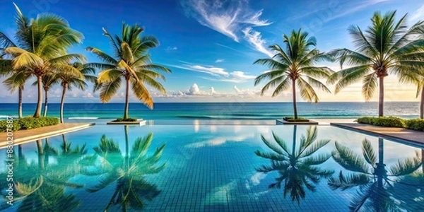 Fototapeta View of infinity pool on beach with ocean and palm trees in background, infinity pool, wooden deck, beach, ocean