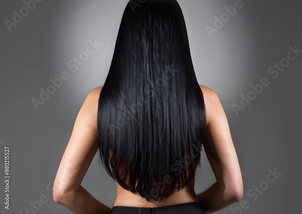 Obraz A woman with long black hair is standing in front of a grey background