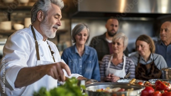 Obraz Middle-Aged Group Enthusiastically Observing Chef's Cooking Demonstration in Professional Kitchen