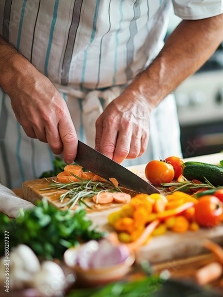 Fototapeta Close-Up of Middle-Aged Person Chopping Vegetables in Private Cooking Class