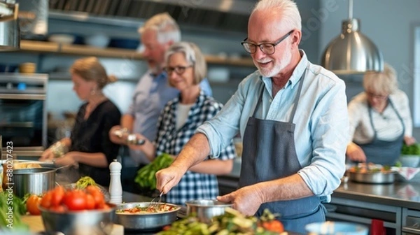 Obraz Middle-aged Couples Enjoying a Private Cooking Class in a Stylish Modern Kitchen, Learning New Recipes and Techniques with Copy Space for Text