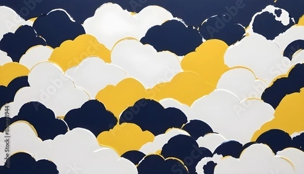 Fototapeta An abstract painting of layered, overlapping clouds in shades of white, yellow, and navy blue