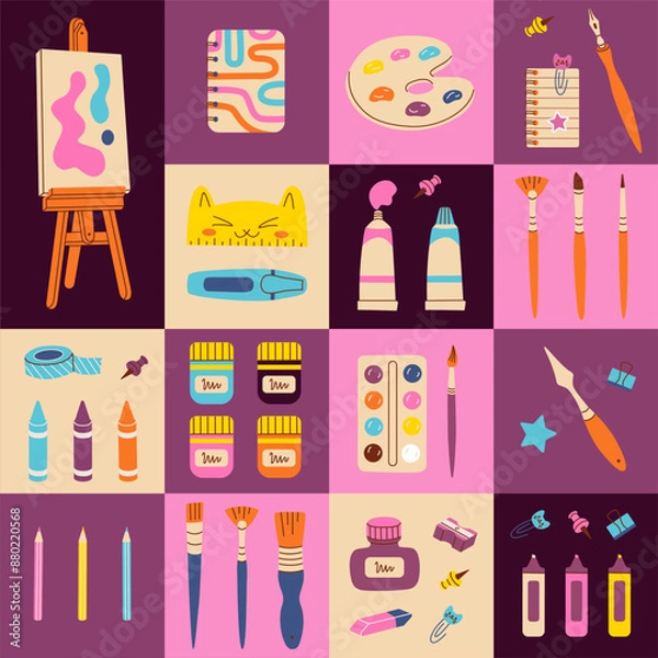 Fototapeta Seamless pattern with art supplies with trendy geometric style. Art supply background. Paint tubes, pencil, watercolor, crayons, color palette, brushes. Vector hand drawn flat illustration.