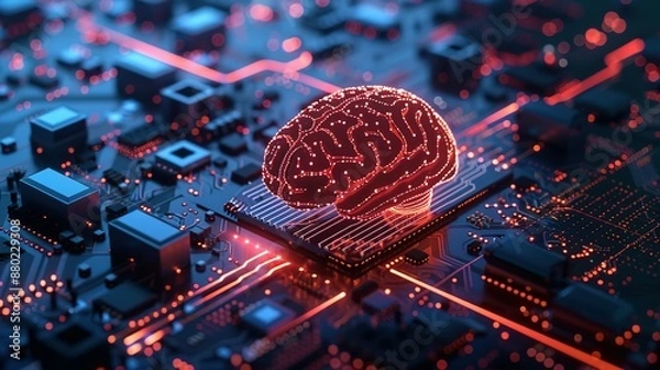 Fototapeta Neural circuits and electronic cyber brain within a quantum computing system, representing artificial intelligence technology, biotechnology innovation, robotic advancements, and machine learning.