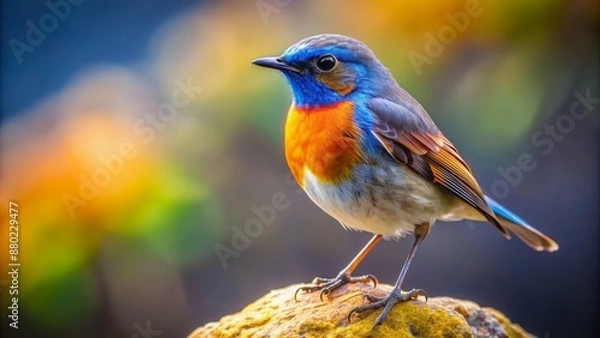 Fototapeta Adorable small bird with vibrant plumage perches confidently on a weathered rock overlooking a serene natural wilderness background.