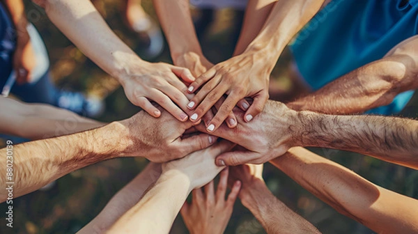 Fototapeta business startup and teamwork concept with joining hands . Generative AI