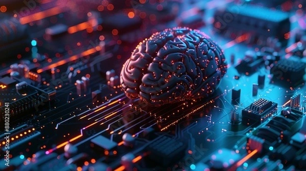 Fototapeta Neural circuits and electronic cyber brain within a quantum computing system, representing artificial intelligence technology, biotechnology innovation, robotic advancements, and machine learning.