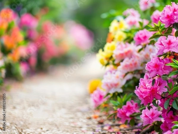 Fototapeta Beautiful photo of a tranquil garden path lined with colorful azaleas, symbolizing beauty and peace, Peace, Azalea path