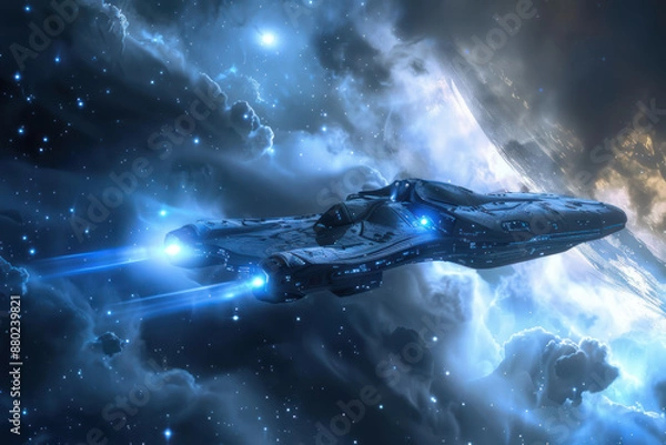 Fototapeta An alien spaceship in a cosmic cloud 