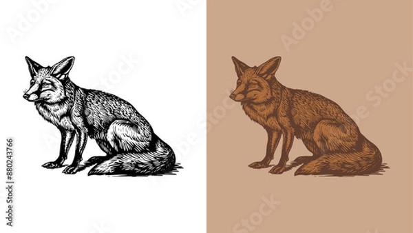 Fototapeta Classic engraving style 2-color vector illustration of a gray fox