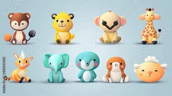 Fototapeta Cute animal characters with simple, rounded features, ideal for children's products.