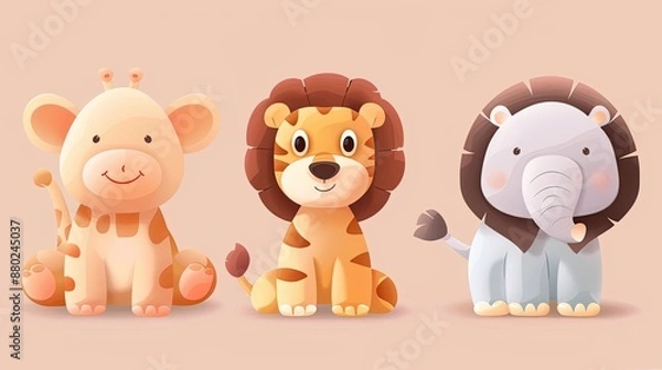 Fototapeta Cute animal characters with simple, rounded features, ideal for children's products.