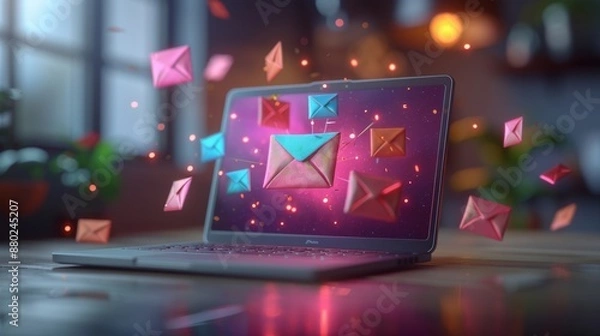 Fototapeta Laptop screen displaying 3D envelopes and letters for email marketing, detailed render