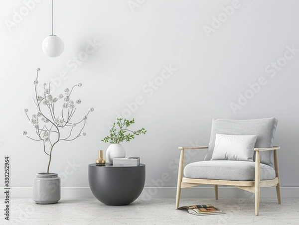 Obraz Living room interiors in plain colors, with minimal furniture and natural lighting. Realty interiors design composition.