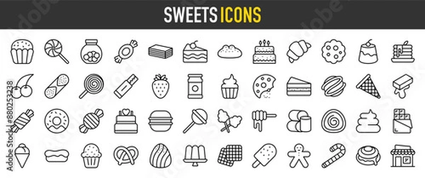 Obraz Sweets icon set with Honey Jar, Toffee, Swirl, Birthday Cake, Chocolate Bar, Piece Of Cake, Cookie, Donuts, Cake Slice, Brigadeiro, Cotton Candy, Wafer and Honey vector illustration.	