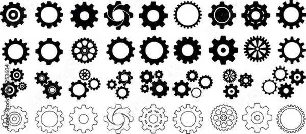 Obraz Gear icon vector set, black cogwheel vector collection, mechanical gear shapes, engineering symbols, industrial machinery, sprocket designs, abstract gearwheel graphics