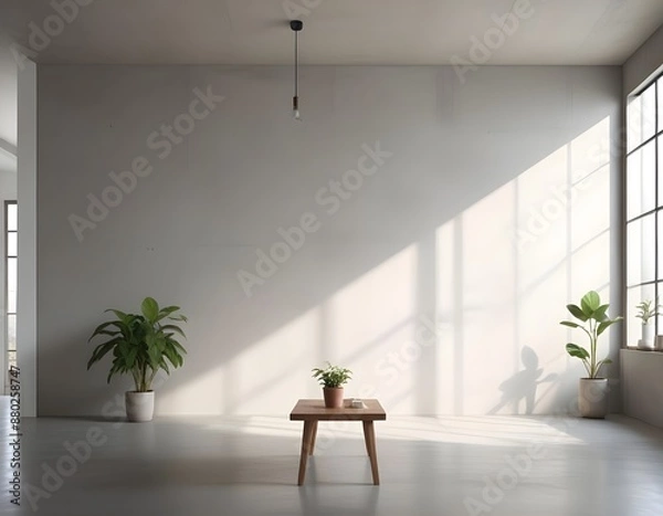 Fototapeta Interior of modern empty room with white walls, wooden coffee table and window with sunlight, concrete floor. Generative AI