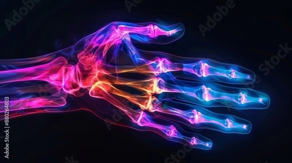 Fototapeta A glowing neon x-ray showing abstract hand anatomy against a black background. Highlighting the intricate details and futuristic beauty of the skeletal structure.
