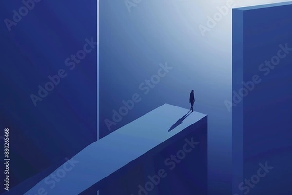 Obraz Isometric illustration of a person walking on a bridge between two tall walls, in a minimalistic style with a blue background, white space, simple shapes, vector art with clean lines, a symmetrical co