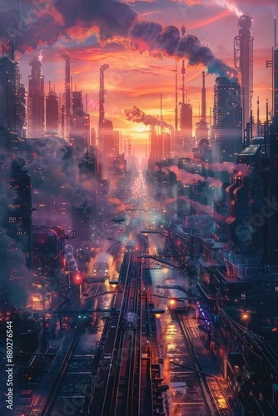 Fototapeta Vibrant cyberpunk skyline at sunset A mix of towering skyscrapers and industrial smokestacks.