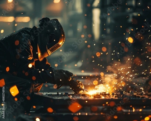 Fototapeta A committed welder works diligently in an industrial environment. Surrounded by fierce sparks