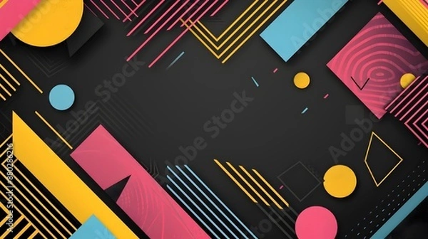 Obraz Vibrant Geometric Shapes in Dynamic Minimal Modern Composition on Black Abstract Background