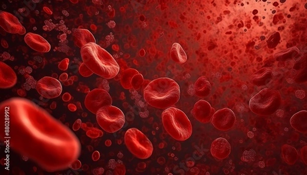 Fototapeta Microscopic Enlargement of Blood Cells - Blood Cell flowing through Human Body, Organ or Artery - Red Blood Cells in Lifeforms - Health, Anatomy, Organisms, Medication in Science and Biology