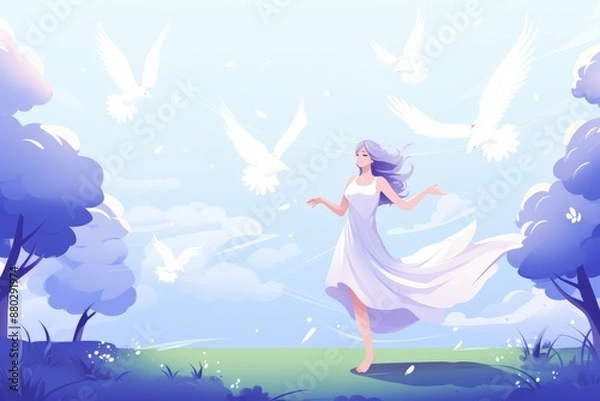 Fototapeta Young woman in a flowing white dress with long purple hair stands in serene meadow surrounded by white doves in flight, peaceful ethereal scene is set against clear blue sky and fluffy clouds.