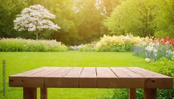 Obraz Backdrop of a woolly greenhouse with an unoccupied wooden table with  a big copy space,154