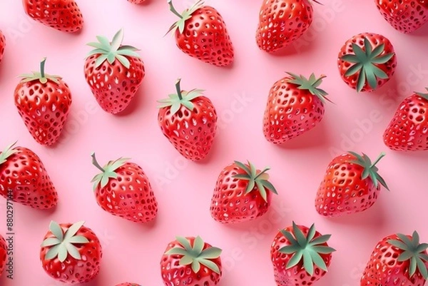 Obraz 3d red strawberries on pink background, top view, pattern, paper craft style, minimalism, simple, flat lay, geometric shapes, symmetry, high resolution photography, texture, hyper realistic,