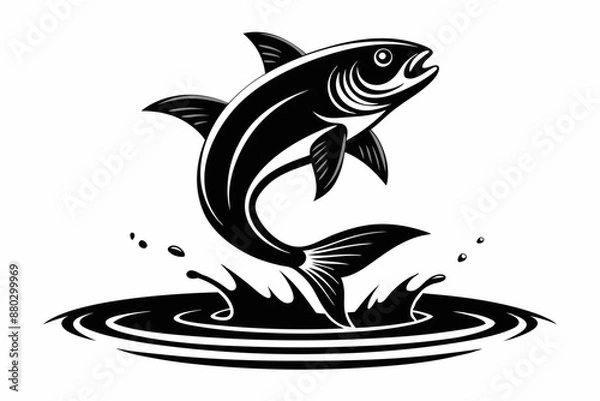 Obraz Black silhouette A fish jumping out of the water ripple vector art illustration with splash white background