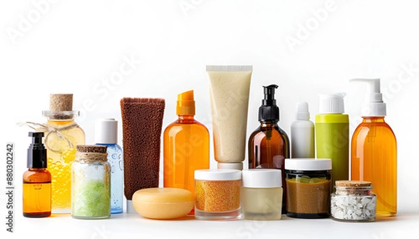 Fototapeta Set of different face cleansers or other cosmetic products isolated on white