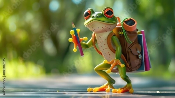 Obraz Cartoon frog with backpack and pencil, ready for school.