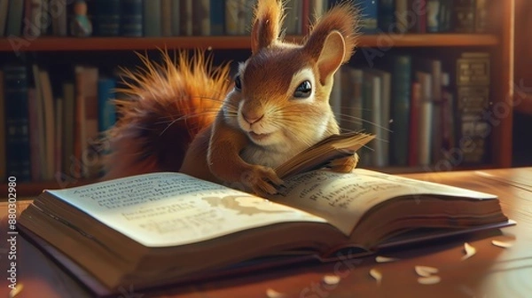 Obraz Cute squirrel reading a book in a library