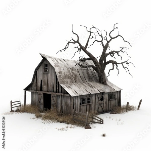 Fototapeta 3D Render, Low Poly style of an eerie barn, on isolated white background, Generative AI