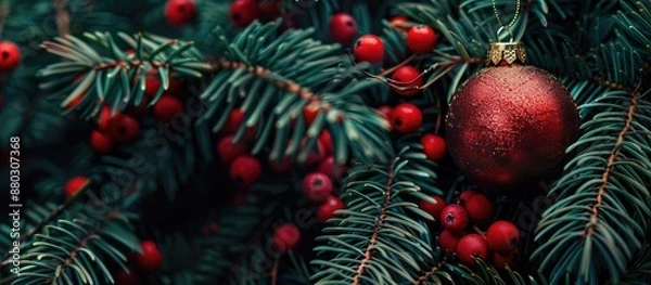 Fototapeta Holiday toy placed against a backdrop of lush fir branches with bright red berries in a copy space image
