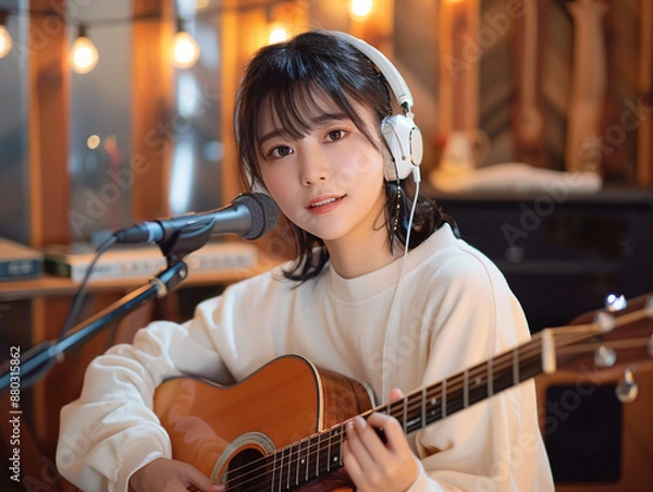 Obraz ヘッドホンをしながらギターを弾くアジア人女性のポートレート.