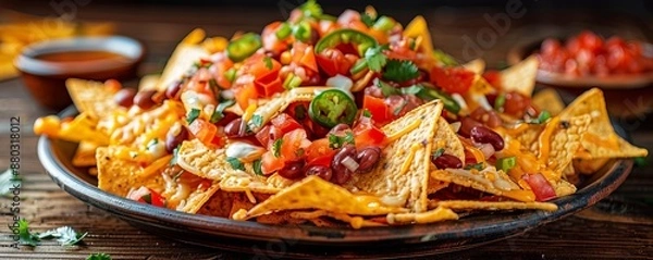 Fototapeta A plate of nachos piled high with tortilla chips, melted cheese, beans, and a variety of salsas.