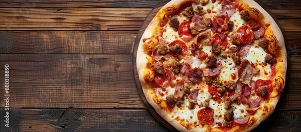 Fototapeta Top view of a homemade meat lovers pizza featuring bacon, sausage, and mozzarella cheese on a wooden table with copy space image.