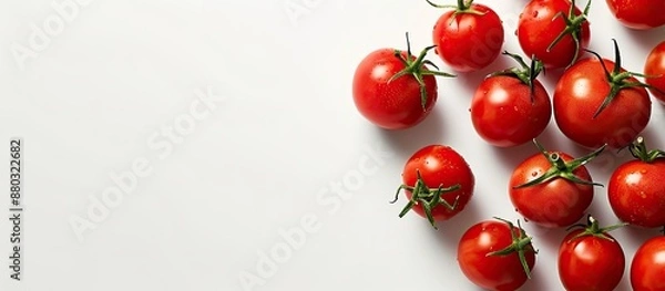 Fototapeta Fresh red tomatoes on a white backdrop with copy space image available.