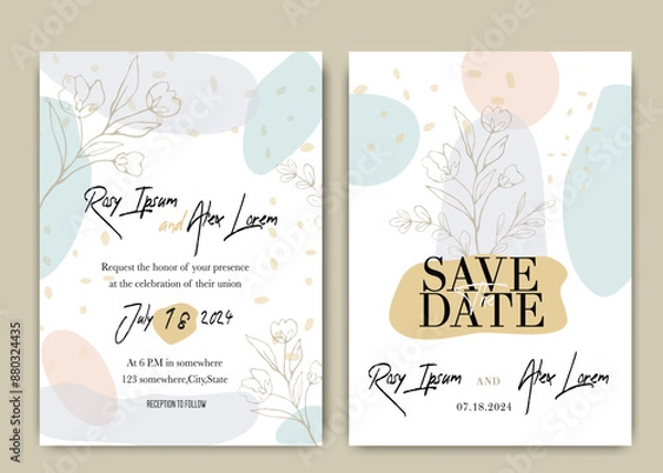 Fototapeta Wedding invitations save the date card with elegant garden anemone.