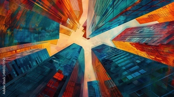 Fototapeta Skyscrapers abstract background with a geometric pattern of towers. Perspective graphic painting of buildings - Architectural illustration for financial, corporate, and business brochure templates.
