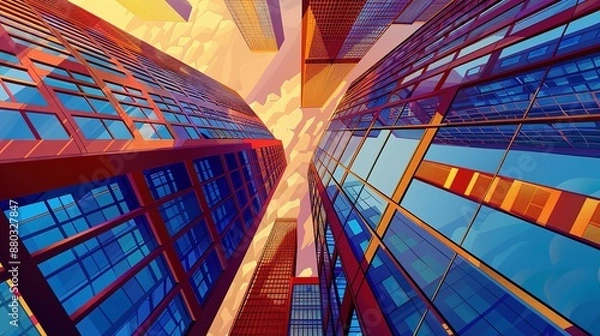 Fototapeta Skyscrapers abstract background with a geometric pattern of towers. Perspective graphic painting of buildings - Architectural illustration for financial, corporate, and business brochure templates.