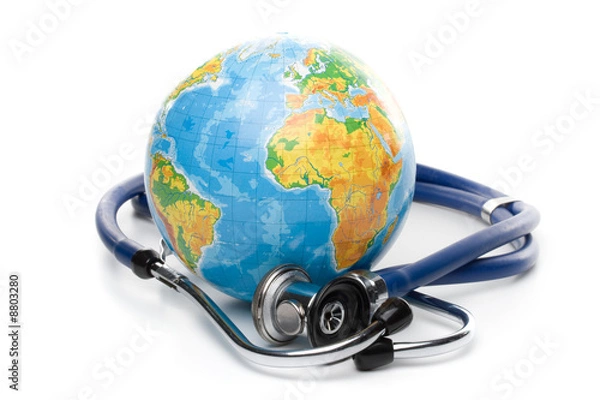 Obraz Globe with stethoscope on a white background