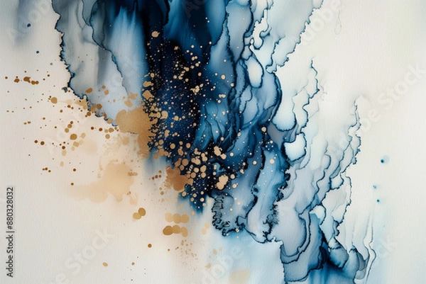 Fototapeta abstract watercolor paint fluid blue and beige with flowing brush strokes and textured splatter patterns on white paper background
