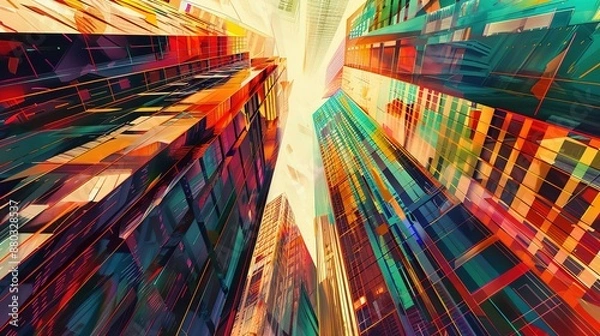 Fototapeta Skyscrapers abstract background with a geometric pattern of towers. Perspective graphic painting of buildings - Architectural illustration for financial, corporate, and business brochure templates.