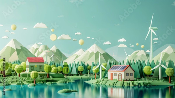 Fototapeta A cartoon drawing of a small town with a house and a windmill